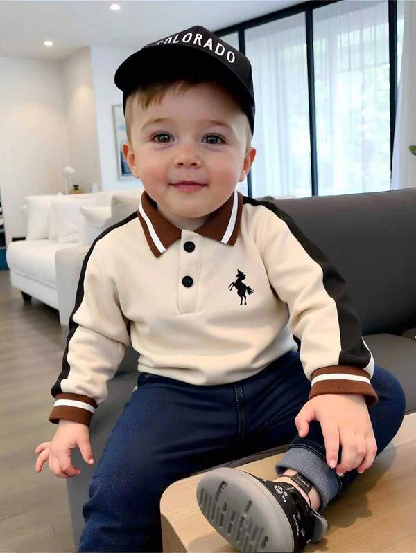 SHEIN Kleinkind Jungen Farbblock Patchwork Lässig Kollegial Einhorn & Pferd Muster Langarm Poloshirt, Herbst/Winter