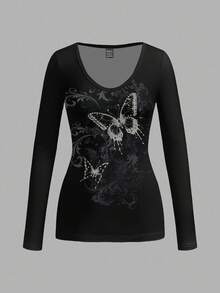 Attitoon 女式 V 领休闲简约百搭修身长袖 T 恤，适合秋冬季，朋克、复古、Y2K 风格，蝴蝶印花 - 白色 - 查看 6