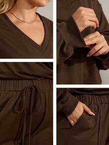 Momelise Setelan Sweatshirt dan Celana Kasual Warna Polos untuk Wanita Ukuran Besar, Musim Gugur/Musim Dingin - Coklat - View 2