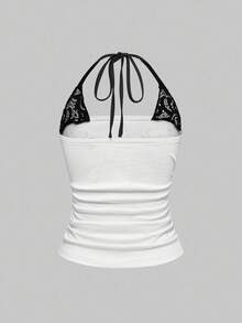 ROMWE J-Fashion Y2K Kpop演唱会朋克骷髅印花二合一撞色蕾丝无袖上衣 - 白色 - 查看 2