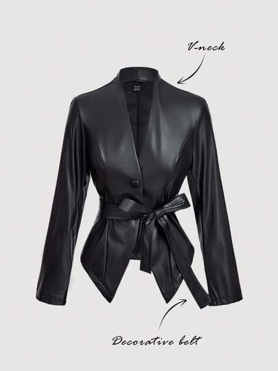 SHEIN MOD Women's Black PU Leather Long Sleeve Knotted Waist Fashionable Blazer,Chic,Going Out,Chic,Women's Stylish Faux Leather V-Neck Blazer With Decorative Belt And A-Line Hem,Elegant Black Blazer For Women,Business Casual Jacket,Classic Outfits For Women, French Style Clothes