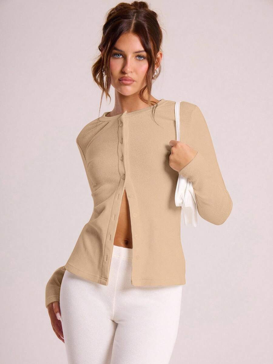 MUSERA Top de cuello redondo de manga larga con botones y costillas, casual, para vacaciones, aeropuerto, días festivos, otoño, elegante, primavera, verano - Albaricoque - Ver 1