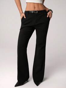 SHEIN ICON Women's Sexy Hot Girl Millennial Style Y2K Urban Modern Simple Commuting Office Siren Style Low Waist Belt Black Slim Flared Trousers - Black - View 3