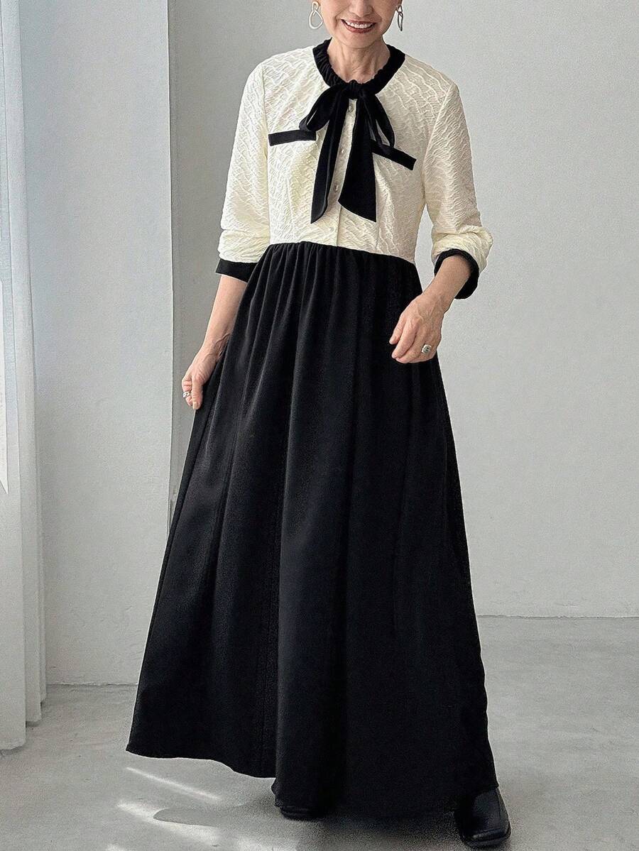 FRIFUL 女士撞色蝴蝶结领A字连衣裙,休闲通勤款 - 黑與白 - 查看 1