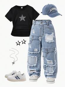 年轻女孩休闲时尚舒适学院风松紧腰刺绣做旧阔腿牛仔裤 - 淺色水洗藍 - 查看 3