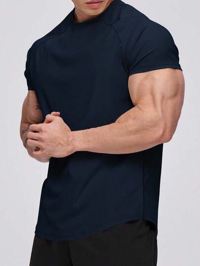 Manfinity Sport PWRUP 男士运动短袖运动 T 恤 - 训练、健身和锻炼，休闲压缩吸湿排汗，速干宝蓝色常规版型面料圆领高弹力 - 男友风格男士夏季纯色圆领插肩袖短袖运动 T 恤健身上衣健身房上衣透气