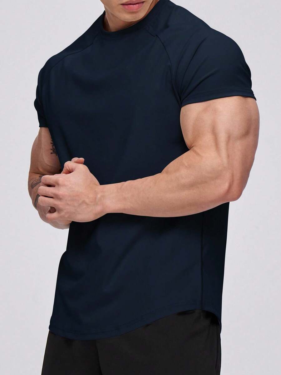 Manfinity Sport PWRUP 男士运动短袖运动 T 恤 - 训练、健身和锻炼，休闲压缩吸湿排汗，速干宝蓝色常规版型面料圆领高弹力 - 男友风格男士夏季纯色圆领插肩袖短袖运动 T 恤健身上衣健身房上衣透气