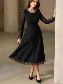 Aveloria Rosie Beaded Lace Trim Fitted Dress - Black - View 4
