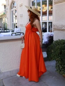 Gretanique New Spring And Summer Casual Holiday Halter Neck Strapless Bust, Waist And Back A Swing Skirt With High Slit On The Front To The Thigh, Yellow Sea Stripe Women's Extra Long Dress-B Summer Dresses For Women,Sun Dresses For Women - Orange - View 4