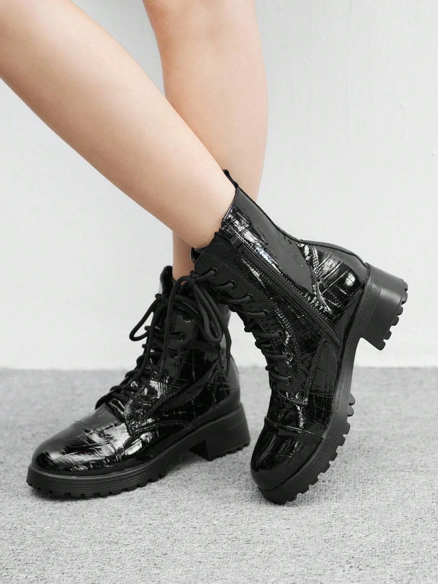 CUCCOO BIZCHIC 黑色圆头厚底纹理踝靴，系带，低跟女鞋 - 黑色 - 查看 1