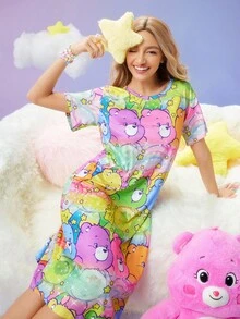 SweetSlumber X Carebears 女士休闲可爱卡通熊印花短袖睡衣连衣裙，夏季蓬松睡衣卡哇伊连衣裙，冬季舒适保暖，哞哞睡裙