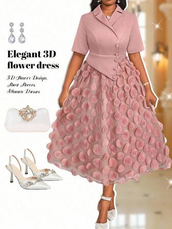 Fleurora 优雅不对称腰线白色连衣裙，大码女士西装领，3D 花朵设计，短袖，适合夏季白色女士连衣裙外出装，四季皆宜