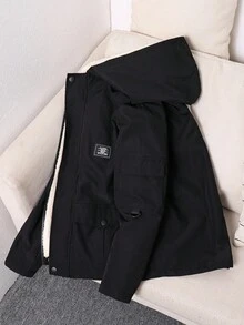 SHEIN Tween Boy Letter Graphic Zip-Up Fleece Hoodie Jacket, Boys Sherpa Lined Jacket, Boys Black Winter Jacket Fall - Black - View 7