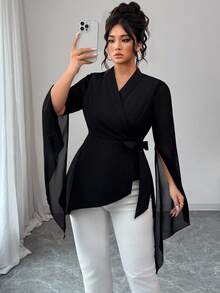 SHEIN CURVE+ 大码女式纯色雪纺透明大码袖子收腰衬衫 - 黑色 - 查看 3