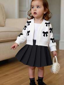 SHEIN 3pcs Young Girls Knitted Bowknot Cardigan, Ribbed Camisole, And Pleated Skirt Set, Fashionable Children Casual Outfit For Autumn Fall Winter - White - View 1