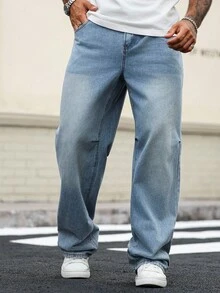 Manfinity Homme Plus Size Men's Casual Loose Fit Light Blue Denim Jeans Baggy Jeans Man Oversize Jeans Men - Blue - View 5