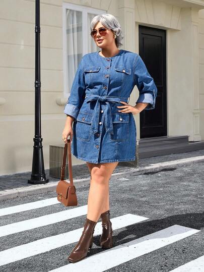 EMERY ROSE Plus Size Women's Autumn Cuffed Sleeve Single-Breasted Pocket Design Casual Denim Dress