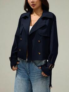 SHEIN PETITE Double Breasted Belted Trench Coat In Fall/Winter - Navy Blue - View 8