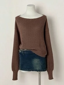 SHEIN Unity Damen einfarbiger gerippter Oversize Lässig Langarm Pullover mit Schulterausschnitt, Damen Brauner Pullover, Herbstpullover, Off-Shoulder Pullover - Khaki - Übersicht 3