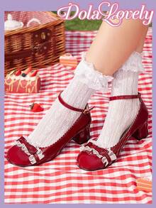 Dola Lovely Zapatos tipo Lolita con lazo decorativo, puntera redonda y tacón medio en color vino para mujer - Burdeos - Ver 4