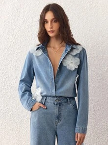 Selenza Women's Casual Everyday Washed Button Up Long Sleeve Denim Jacket - Blue - View 3