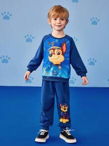 SHEIN | PAW Patrol Young Boy Cartoon Cute Gradient Color Puppy Print Contrast Color Raglan Sleeve Loose Sweatshirt And Sweatpants Set Boy Clothes - Blue - View 4