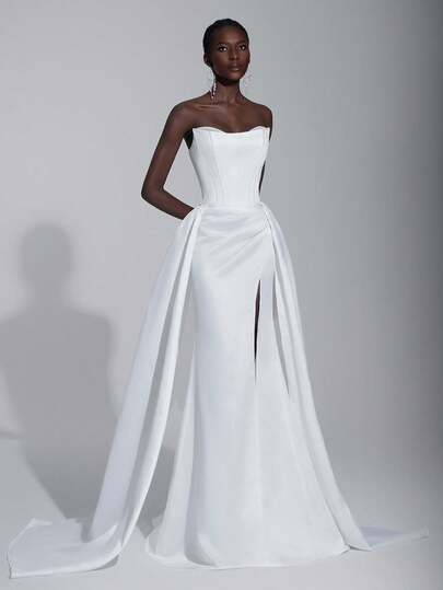 Elitara Elegante vestido de sirena minimalista de satén de seda tejido con hombros descubiertos, vestido de gala vintage con cuello de barco, cintura de corsé fruncida y abertura en la falda, adecuado para bodas, ceremonias formales, eventos de alfombra roja, galas y ocasiones al aire libre en el bosque y la playa