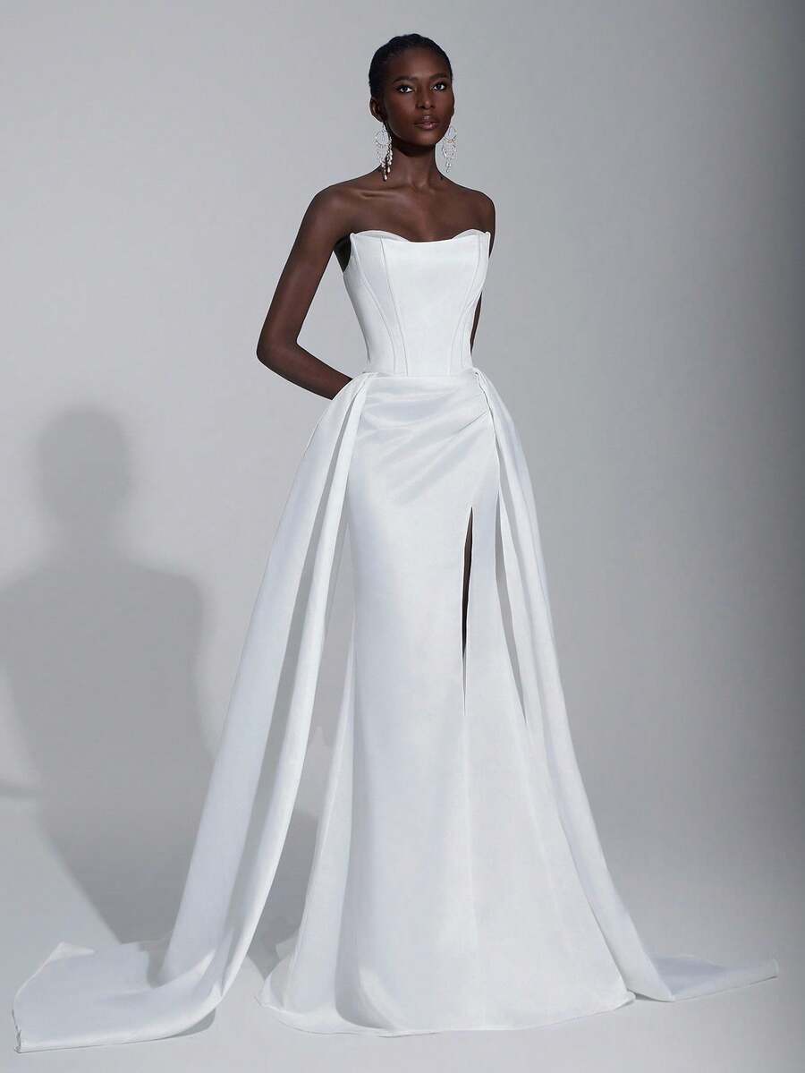 Elitara Elegant Minimalist Heavy-Duty Version Of The Double-Layer Neckline Structure Tummy Pleated Long Skirt, Heavy-Duty Wedding Dress, Evening Dress, Autumn Dress, Robe, Net Dress