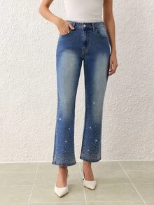 SHEIN Essnce Women's Casual Washed Rhinestone Flare Jeans - Blue - View 1