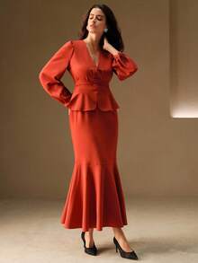 Anewsta Elegante Bluse mit tiefem V-Ausschnitt, Puffärmeln, Twist-Taille und weitem Saum