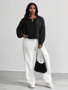SHEIN PETITE CURVE Women's Casual Solid Color V-Neck Long Sleeve Loose Pullover Sweatshirt In Fall/Winter - Black - View 3