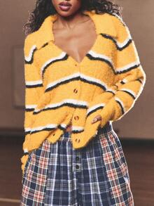 SUMWON WOMEN Áo len cardigan kẻ sọc cài nút phía trước cổ chữ V tay dài ấm áp mùa thu đông phong cách đại học cổ điển thời trang Y2K trường dự bị đại học - Màu vàng - Xem 2