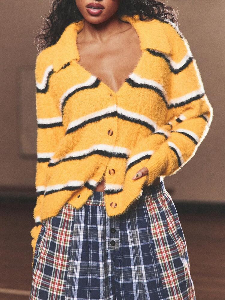 SUMWON WOMEN Fuzzy Striped Button Front Cardigan With V Neck