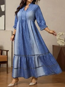 Zelara 大码牛仔效果印花长裙 - 藍色 - 查看 5