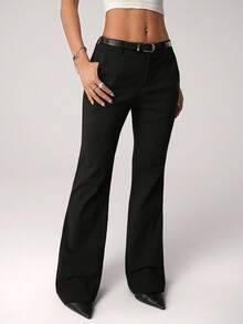 SHEIN ICON Women's Sexy Hot Girl Millennial Style Y2K Urban Modern Simple Commuting Office Siren Style Low Waist Belt Black Slim Flared Trousers - Black - View 4