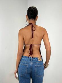 SHEIN BAE 女士优雅露背亮片吊带上衣，适合晚宴、狂欢派对、约会之夜、夜店聚会、秋冬性感装扮、Y2K闪亮圣诞风、圣诞派对女装、节日派对女装、感恩节/性感装扮、夜店风、红色上衣、情人节等场合。 - 酒紅色 - 查看 2