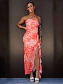 SAYEHFBABY Vestido Bustier com Bainha Franzida e Estampa Floral para Férias - Laranja - Visão 1