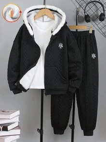 2件套男童针织面料英式刺绣保暖连帽衫和裤子套装，秋冬季