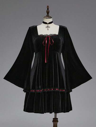 Goth Vestido de terciopelo con mangas acampanadas, cintura y estilo vintage romántico y dulce para talla grande, vestido de cumpleaños