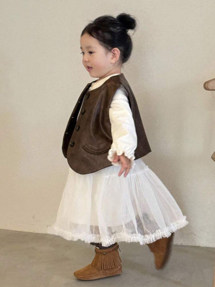 Baby Girl Round Neck Cap Sleeve Korean Style Mesh Patchwork Mid-Length Party Dress Fall, Winter Toddler Girls Clothes