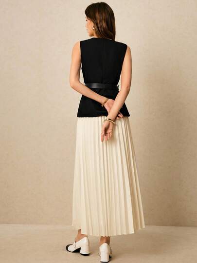 Poéselle Women's Solid Color Round Neck Sleeveless Front Button Fashionable Versatile Suit Set Summer Clothes For Women, Pleated Skirt Set, Vest And Skirt Set Corporate Formal Black Elegant