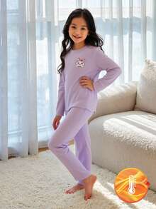 1 套年轻女孩打底衫，紫色活力印花弹力柔软面料长袖上衣和裤子舒适搭配服装，可机洗（1 套单独出售）