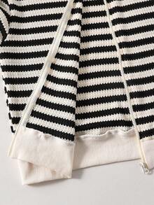 Teen Girls' Casual V-Neck Loose Striped Drawstring Hooded Long Sleeve Jacket, Suitable For Daily Commute, Spring/Autumn Fall Winter - Black and White - View 6