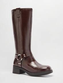 Solezae Giày bốt chiến đấu đế vuông thời trang ấm áp mùa đông cho nữ, cao đến giữa bắp chân, có quai và phụ kiện trang trí - màu nâu - Xem 2