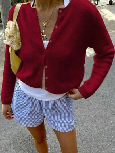 Jouncy 女式休闲落肩长袖纯色针织开衫，秋季