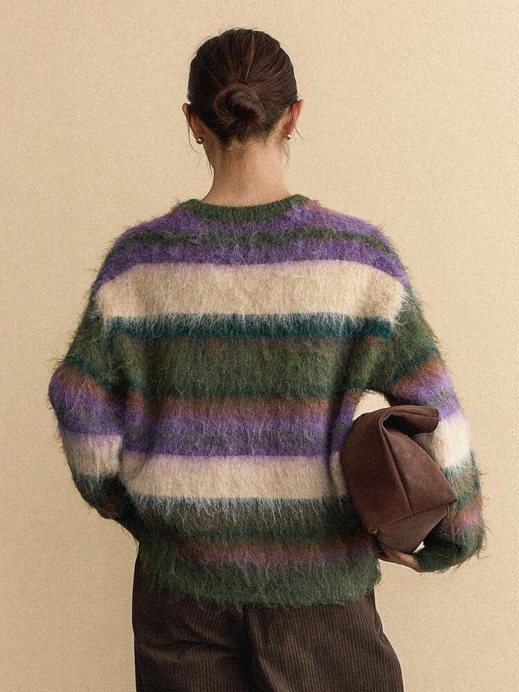 Women's Casual Loose Striped Drop Shoulder Knit Sweater