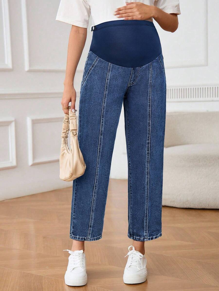 SHEIN Maternity Winter Solid Color Casual Jeans - Medium Wash - View 1