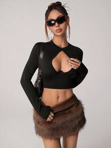 SHEIN ICON PU Patchwork Fluffy Low Waist Casual Versatile Women Skirt,Brown Skirt - Brown - View 4