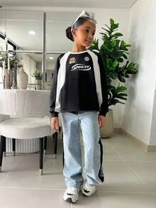 SHEIN 青少年女孩复古街头风格运动卫衣，休闲时尚，适合秋冬季日常穿着 - 黑與白 - 查看 6
