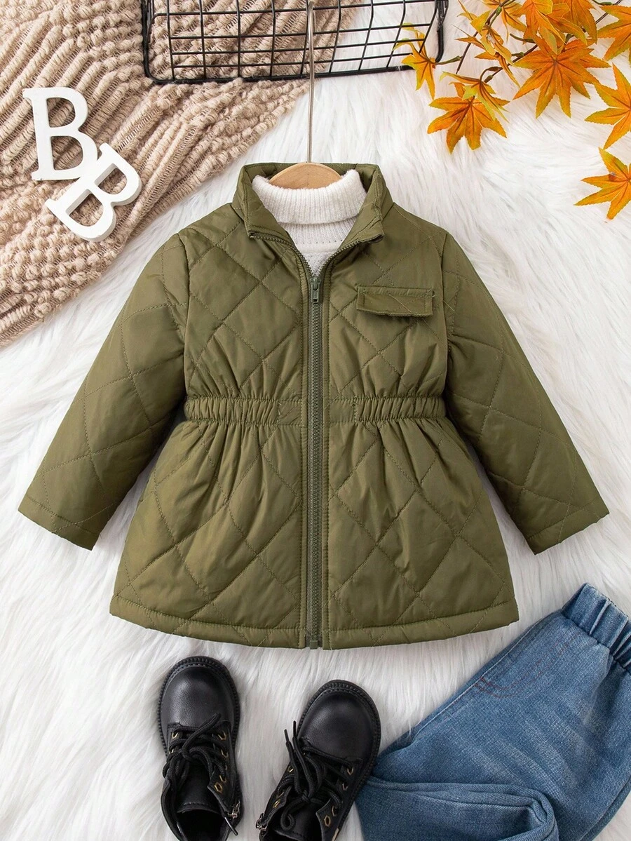 SHEIN Baby Girl Casual Green Collar Fleece Jacket, Versatile For Autumn/Winter Fall